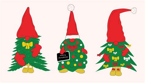 Set Of Cute Christmas Gnomes Made Of Christmas Tree Vector In Cartoon