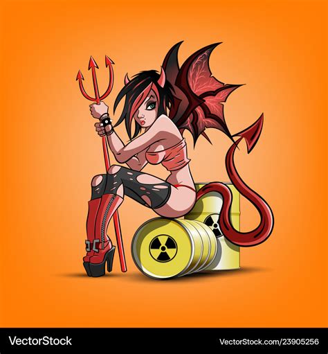 Sexy Devil Girl Sitting On Barrels Of Radiation Vector Image