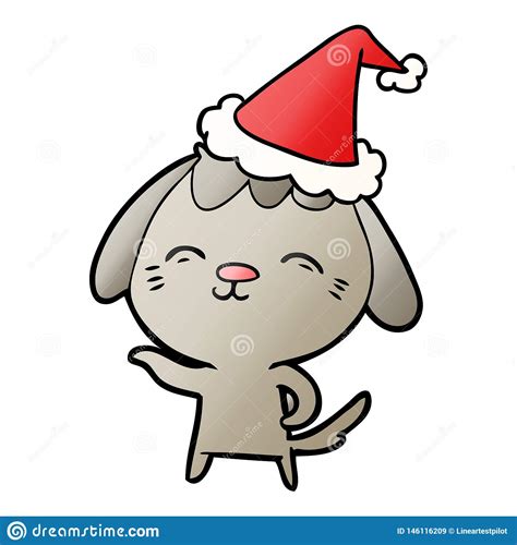 Happy Hand Drawn Gradient Cartoon Of A Dog Wearing Santa Hat Stock