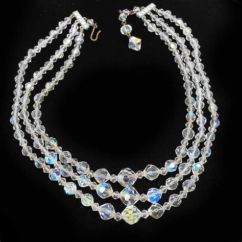 Sparkling Aurora Crystal Bead Necklace 3 Strand Mid Century Bib In 2020