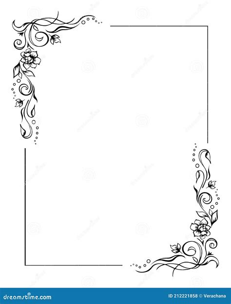 Rectangular Floral Frame Rose Border Template With Flourishes In Two Corners Hand Drawn