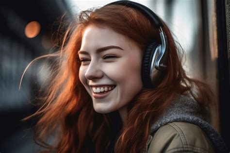 Premium Ai Image Closeup Of A Woman Smiling While Wearing Headphones