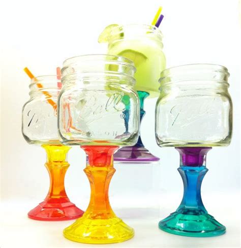 Four Rainbow Painted Mason Jar Wine Glasses With Lids Etsy Mason