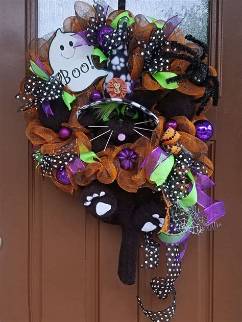 Halloween Black Cat Large Wreath For Front Door Halloween Etsy
