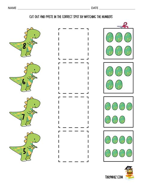 Match Numbers Cut Out And Paste Dinosaurs - Tiny Whiz