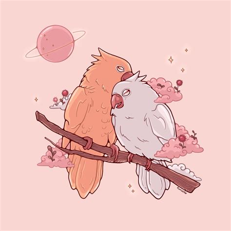 Two Birds In Love Aesthetic Pink Digital Art Cute Cartoon Drawings Cute Drawings Cute Art