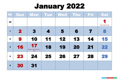January 2022 Calendar With Holidays Printable