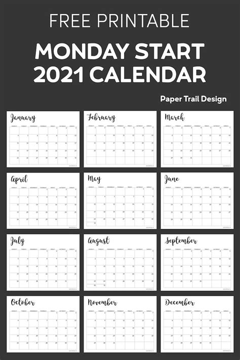 printable  calendar monday start paper trail