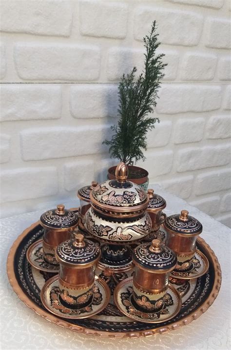 Turkish Copper Handmade Copper Tea Set Embroidered Tea Cup Etsy