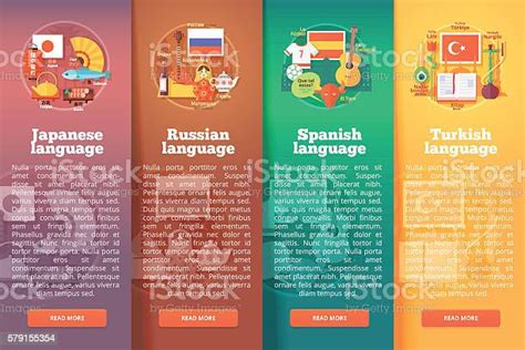 Ilustración De Conjunto De Pancartas Verticales De Escuelas De Idiomas Extranjeros Y Más