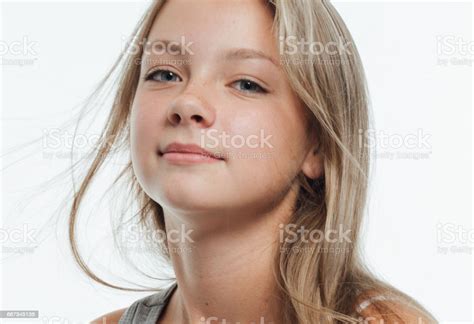 Cute Teenage Girl Freckles Woman Face Closeup Portrait With Healthy