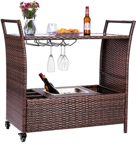 Outdoor Rolling Wicker Bar Cart With Ice Bucket And Storage