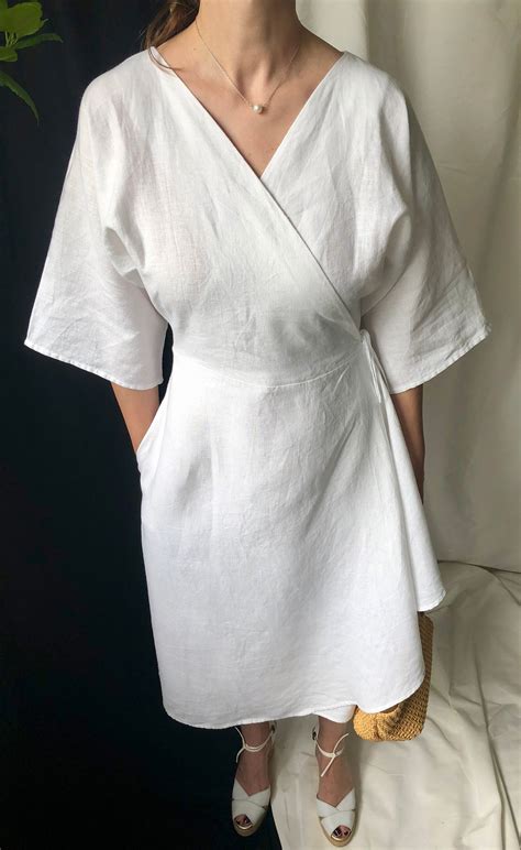 Handmade White Linen Wrap Dress Size Xs S M L Ftn7 2lin Etsy