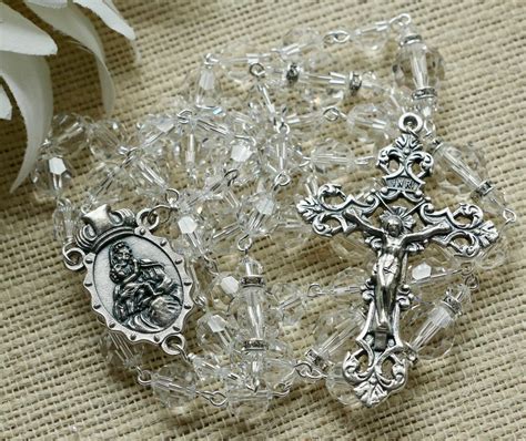 Catholic Large Bead Swarovski Crystal Clear Rosary In Silver