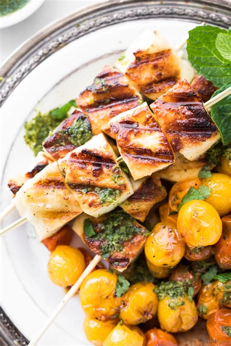 Halloumi Skewers With Roasted Tomatoes And Green Chutney