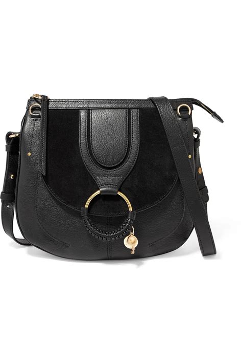 Hana Medium Textured Leather And Suede Shoulder Bag Black See By