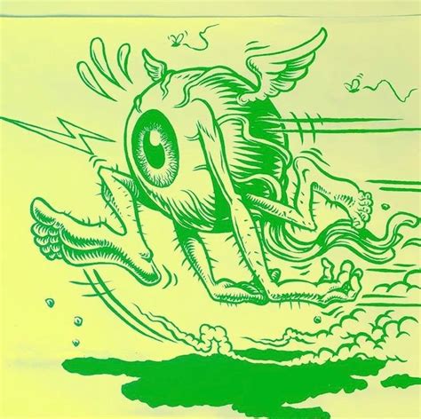 A Green Ink Drawing Of An Eyeball Flying Through The Air With Wings