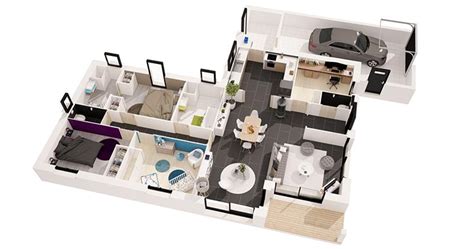 Plan pour une maison de plain pied avec 3 chambres et un garage pour 1 voiture. Maison contemporaine plain-pied 3 chambre
