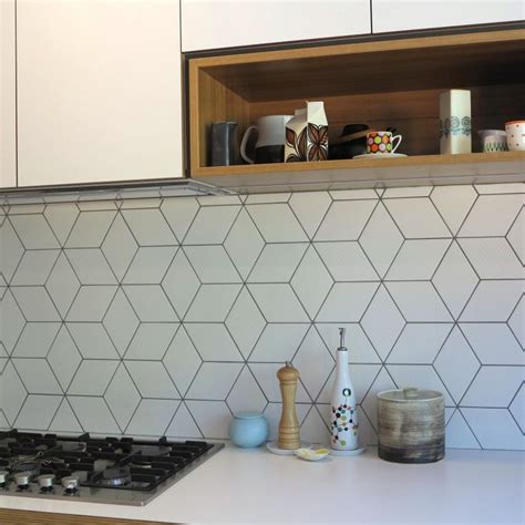 Beautiful Geometric Tiled Splashback White Kitchen Timber Accents