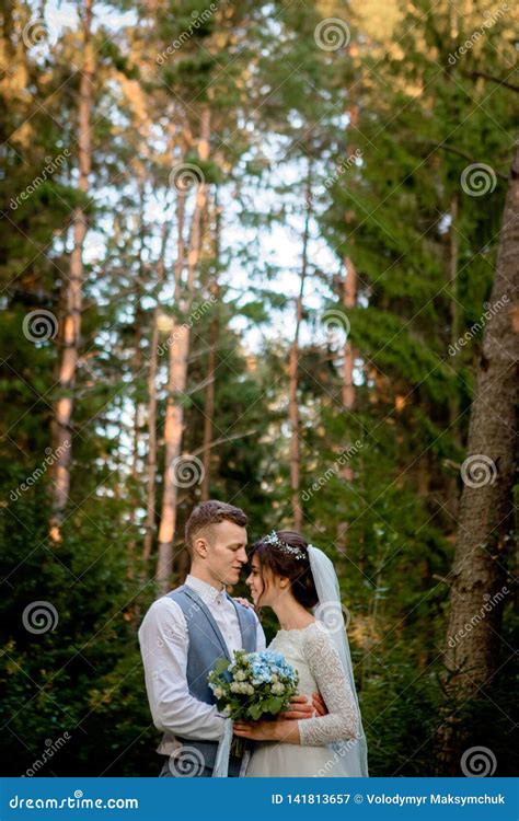 Beautiful Newlyweds Couple Walking In The Woods Honeymooners Stock