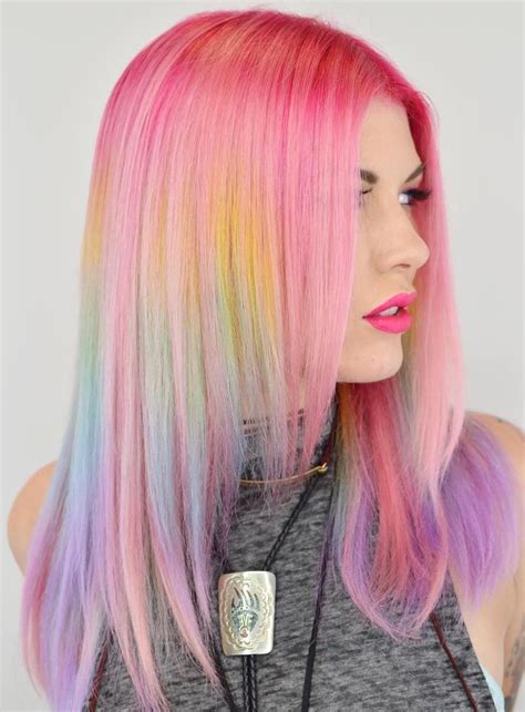 Pastel Pink Hair With Rainbow Highlights Rainbow Hair Color Rainbow Hair Pink Hair
