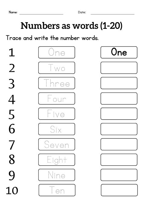 Writing Number Names 1 To 20 Worksheet Tracing Number Words For Grade