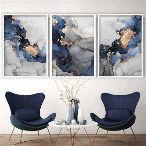 Set Of 3 Abstract Art Prints Of Paintings Black Grey And Gold Blue