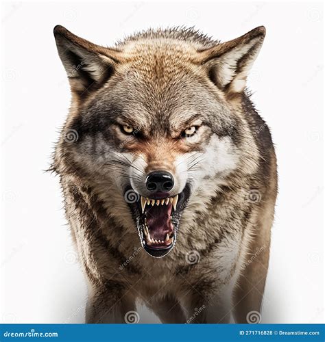 Angry Scary Wolf Bared His Fangs Close Up Portrait Isolated On White Stock Illustration