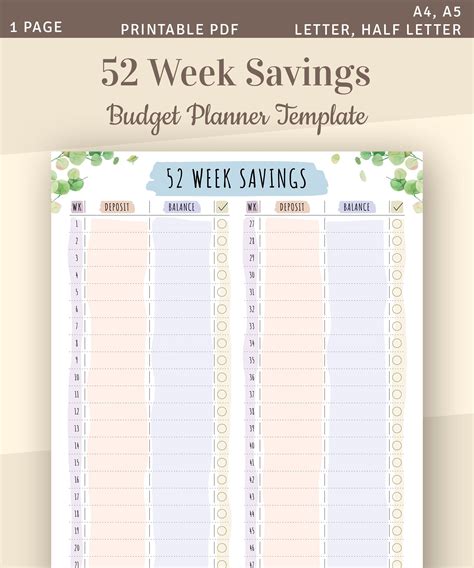 52 Week Savings Budget Template Money Savings Challenge Etsy Budget