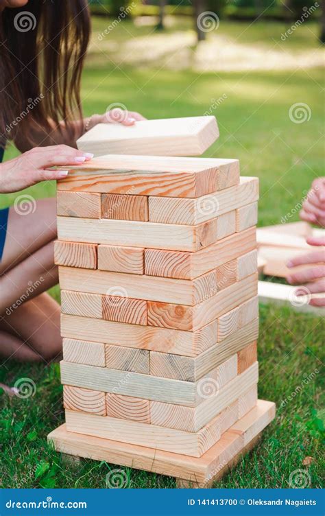 Giant Outdoor Block Game The Tower From Wooden Blocks Stock Photo