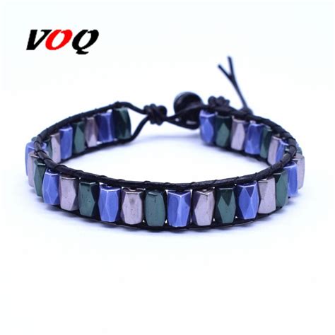 2018 Fashion Hematite Hologram Stone Bracelet Handmade Leather Rope