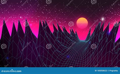 Synthwave Sunset Perspective Grid Mountains With Pink Horizon Glow And
