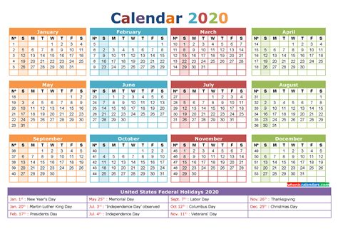 Free Printable 2020 Calendar With Holidays Word Pdf
