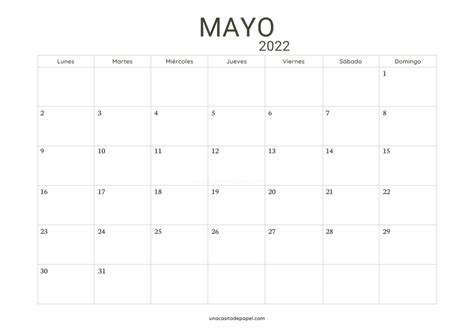 Calendario Mayo 2022 Para Imprimir Gratis Una Casita De Papel