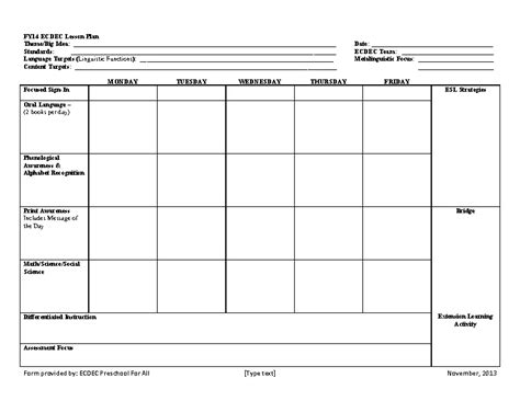 Printable Preschool Lesson Plan Template Pdfsimpli