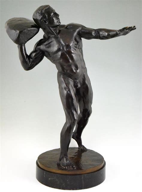 Antique Bronze Sculpture Of Male Nude With Stone By Hugo Siegwart For