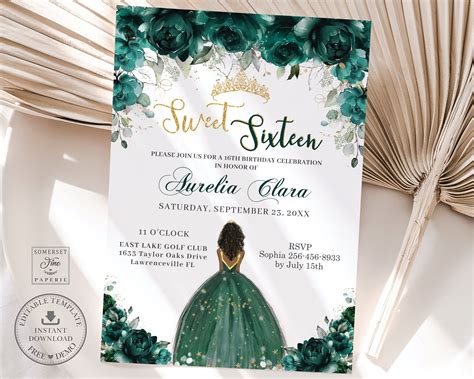 Emerald Green Floral Sweet Sixteen Invitation Printable Instant