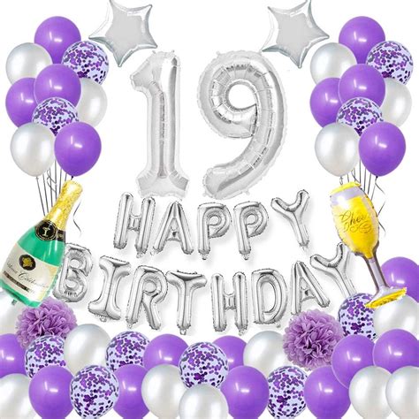Happy 19th Birthday Party Decorations Pack Purple Silver