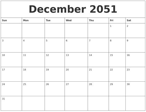 December 2051 Free Printable Weekly Calendar