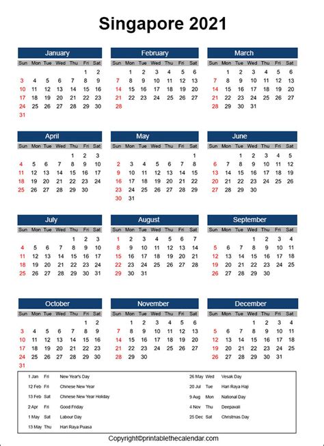 Singapore Holidays 2021 Printable The Calendar