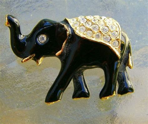 Black Enamel And Rhinestone Elephant Brooch Pin From Kitchengarden On