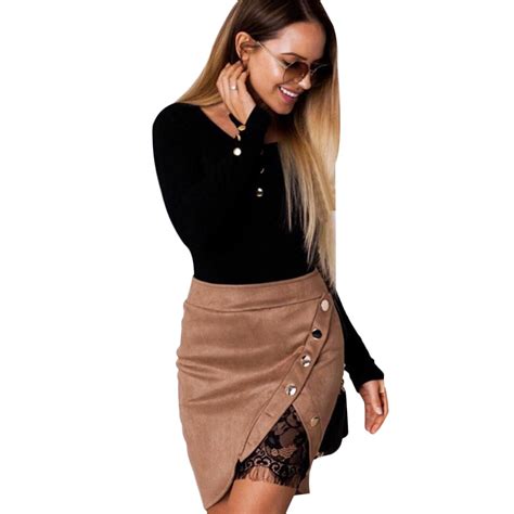 New Women Leather Skirt Sexy Lace Lining Patchwork Metal Buckle Split