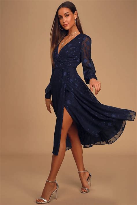 Evening Of Elegance Navy Blue Floral Jacquard Wrap Midi Dress Guest Dresses Long Sleeve Wrap