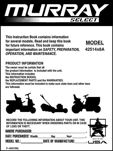Murray 42514X8A F 000700L User Manual LAWN, TRACTOR Manuals And Guides ...