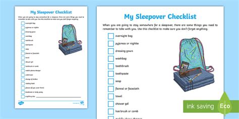 My Sleepover Checklist Teacher Made Twinkl