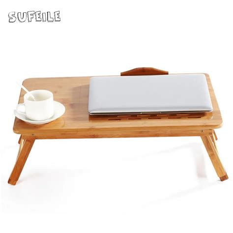 Sufeile Outdoor Office Natural Bamboo Laptop Table Desk Adjustable