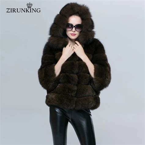 zirunking fashion short winter women coat natural blue fox fur coat three quarter sleeve hooded