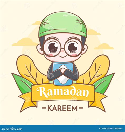 Ramadan Kareem Greeting Card With Cute Boy Cartoon Illustration Stock