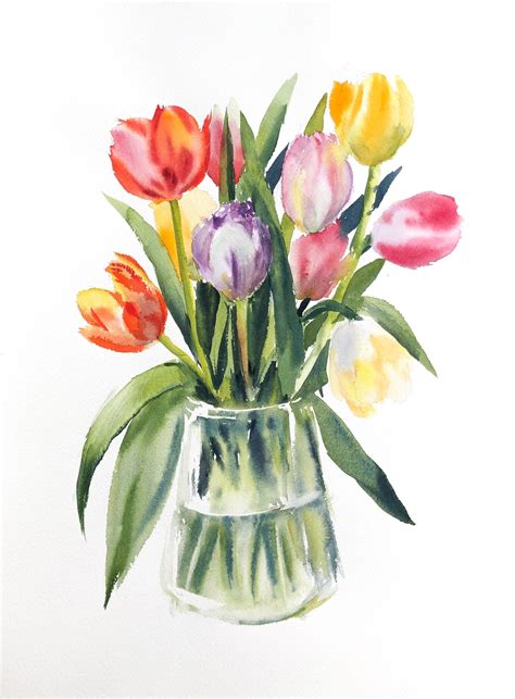 Original Watercolor Tulips In Vase Painting 12x16 Inches Etsy