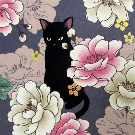 Fabric Black Cats With Flowers Muted Purple Neko Metallic Etsy Cat